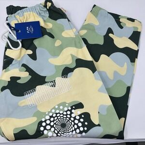 NWT-Flan Labs Roquefort Wide Leg Pants Men Size Medium -Camo Print-Elastic Waist